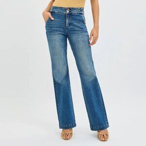 RISEN Full Size Tummy Control High Rise Bootcut Jeans with Double Button